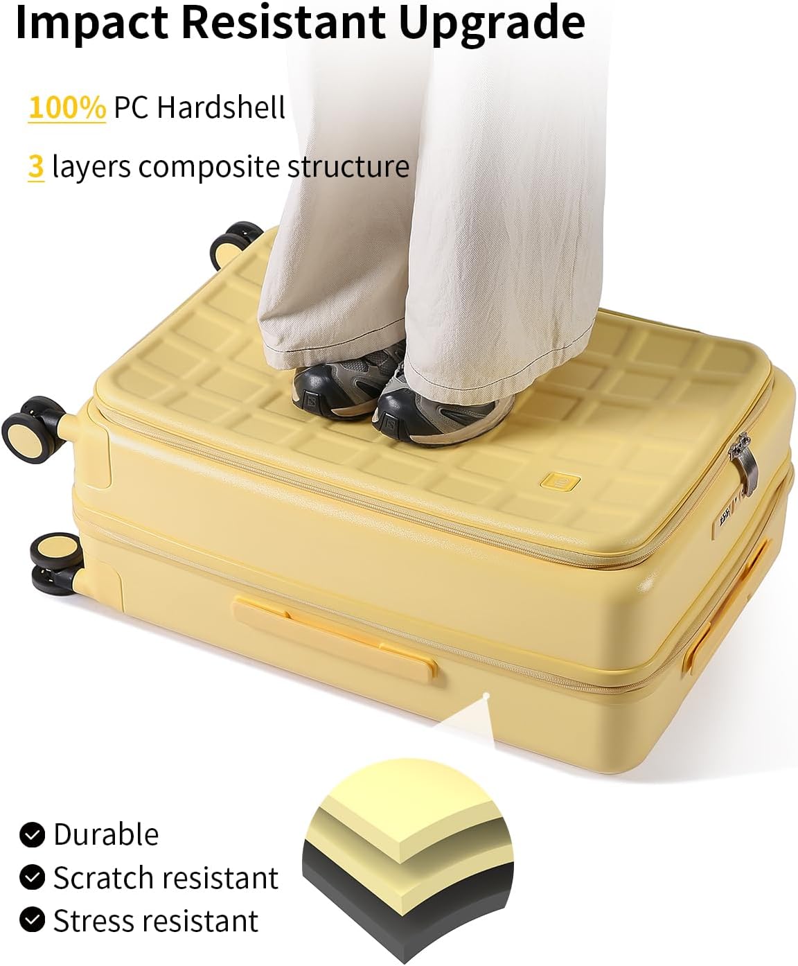 aji Expandable Top Opening Carry On Luggage Airline Approved, 20 Inch Lightweight Hardside Carry On Suitcase with Spinner Wheels, Travel Luggage with Laptop Compartment for Women Men, Cheese Yellow