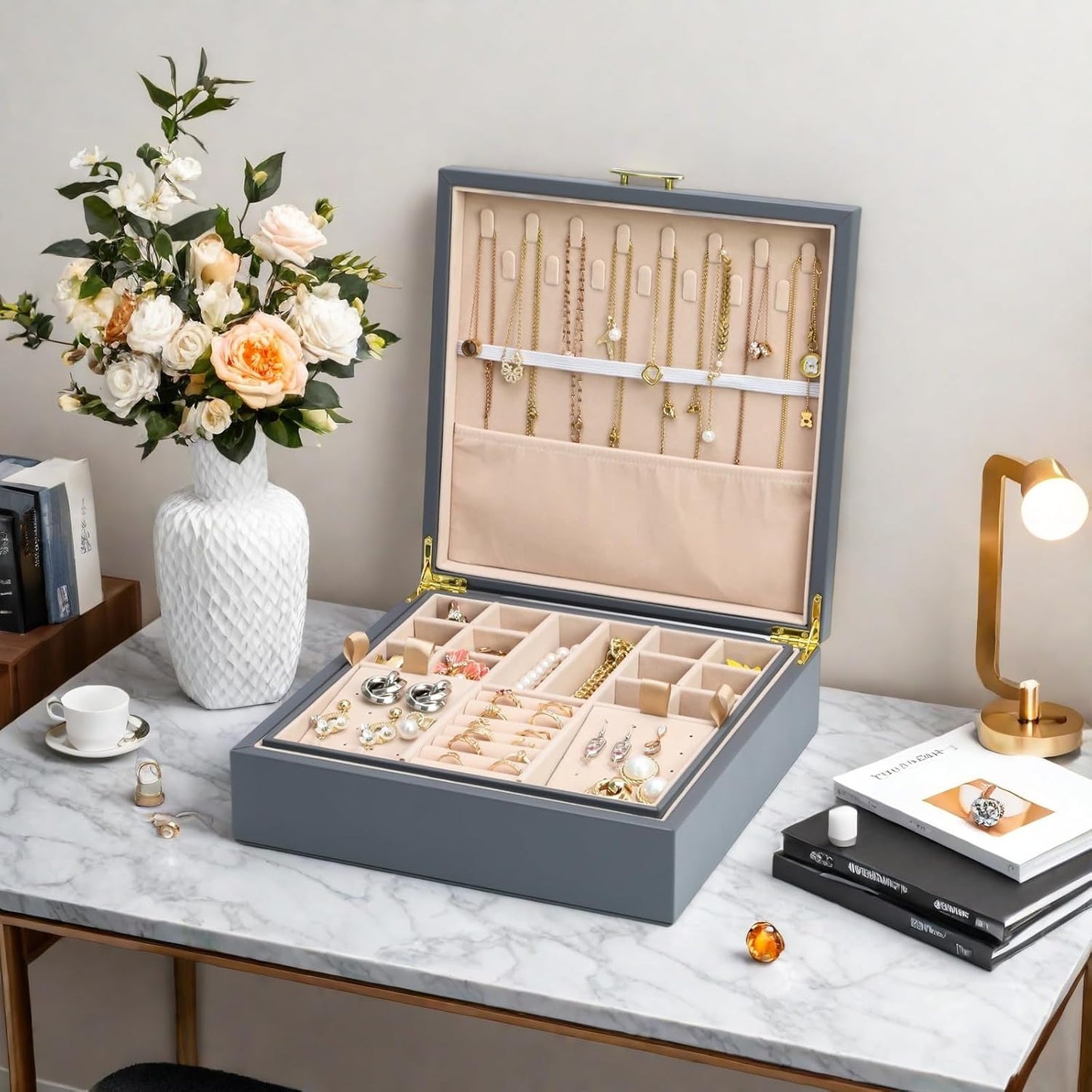 2-layer jewelry box,Jewelry Organizer with Handle,with hanging necklace hooks, detachable jewelry trays, suitable for storing a large amount of jewelry gift box (Large-Grey)