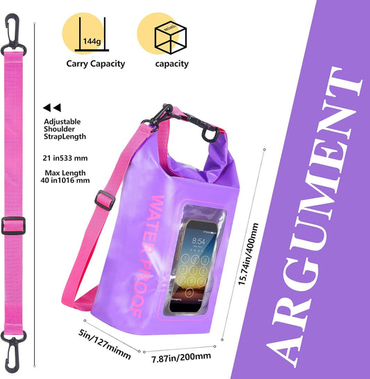 IP68 Waterproof Dry Bag, 2L - Roll Top Waterproof Pool Bag,Dry Bags for Kayaking Waterproof-w/Phone Pouch,Large Waterproof Phone Pouch,Boating & Kayak Accessories Camping (Purple 5L)