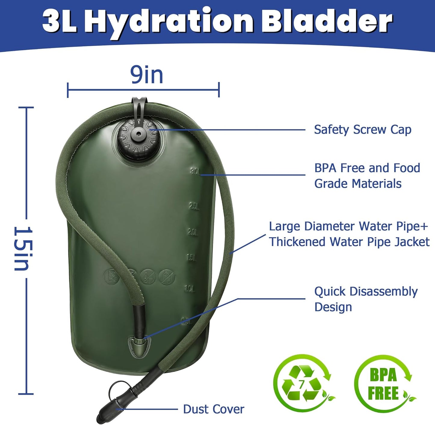 1050D Tactical Hydration Backpack with 3L TPU Water Bladder, Military Molle Water Backpack Perfect for Men & Women, Hydration Pack for Hiking, Biking, Running, Climbing, Hunting, Daily Use