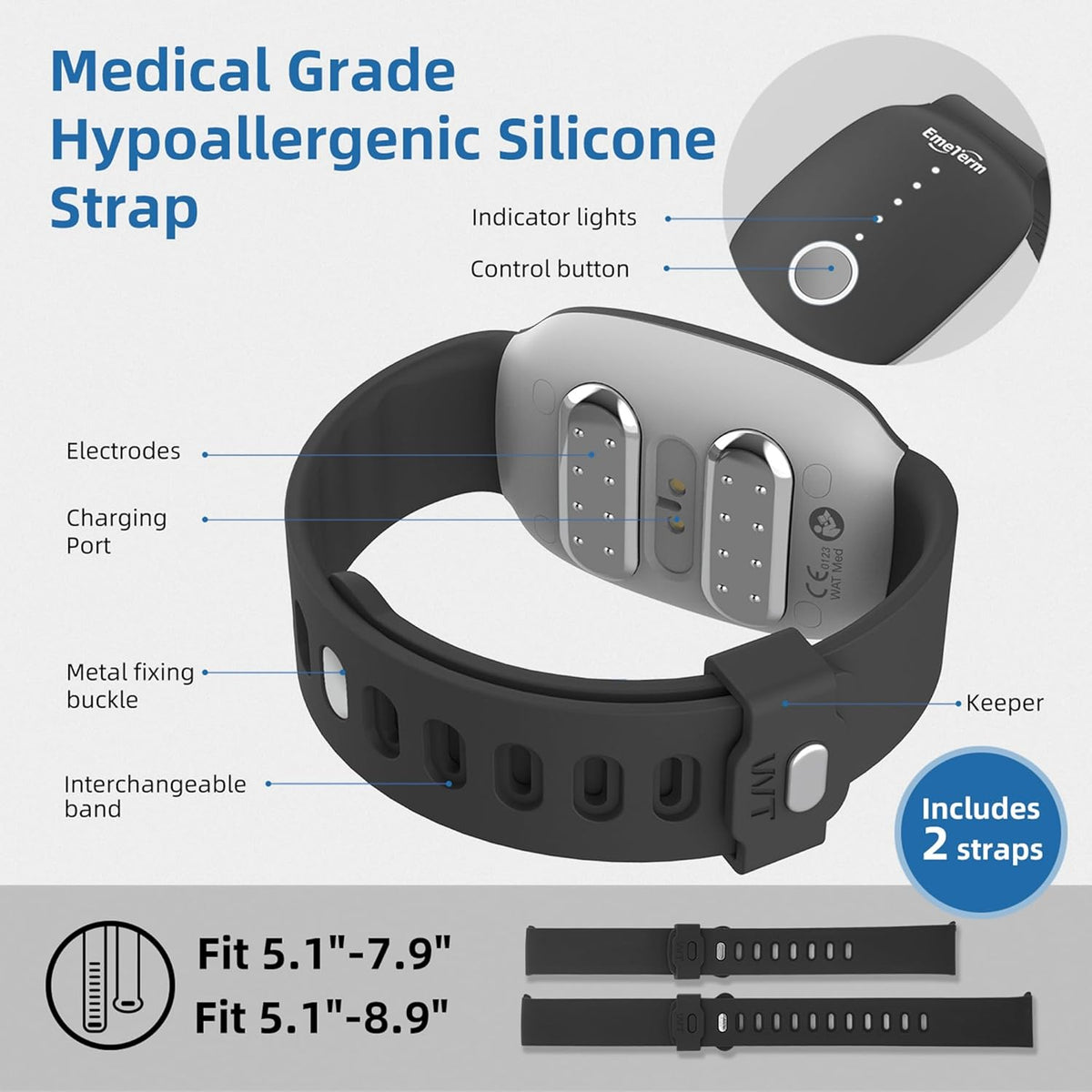 EmeTerm Fashion FDA-Cleared Relieve Nausea Electrode Stimulator Morning Sickness Motion Travel Sickness Vomit Relief Rechargeable No Gel Drug Free Wristbands Without Side Effects (2 Pack)