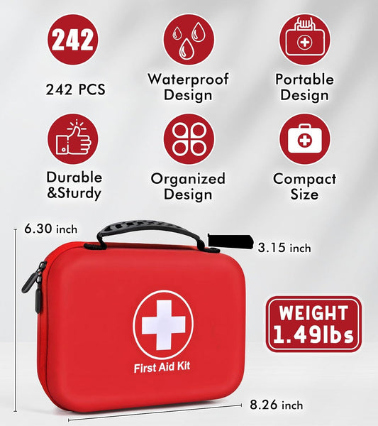 242Pcs Compact First Aid Kit, Waterproof Hard Shell Eva Medical Kits, All-Purpose Portable Trauma First Aid Kit for Boat, Home, Car, Travel, Camping, Hiking and Outdoor Emergencies(Red)