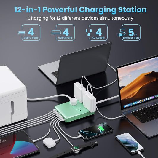 12-in-1 Charging Station USB C Power Strip with 5ft Cord,200W GaN IV USB C Charger Block,4 AC Outlets,4 USB-A,4 USB-C for MacBook,iPhone 16/15/14,Fast Charging Desktop Charger for Office (Green)