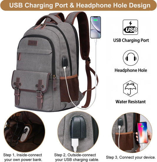 Mactso Canvas Travel Laptop Backpack for Men Women, Business Work Rucksack College Computer Bag Fits 17.3 Inch Notebook,Bookbag with USB Charging Port (Grey, 17.3 Inch)