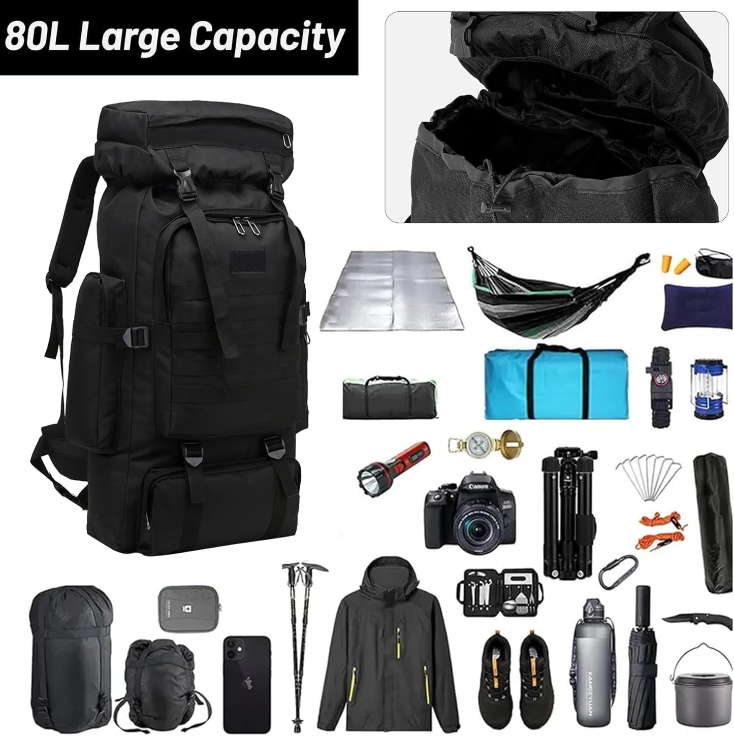 80L 2Pcs Hiking Backpack for Men with Sling Tactical Backpack - Rucksack Molle Military Tactical Waterproof Lightweight Camping Backpack 3 Day Assault Pack for Travel, Climbing, Backpacking