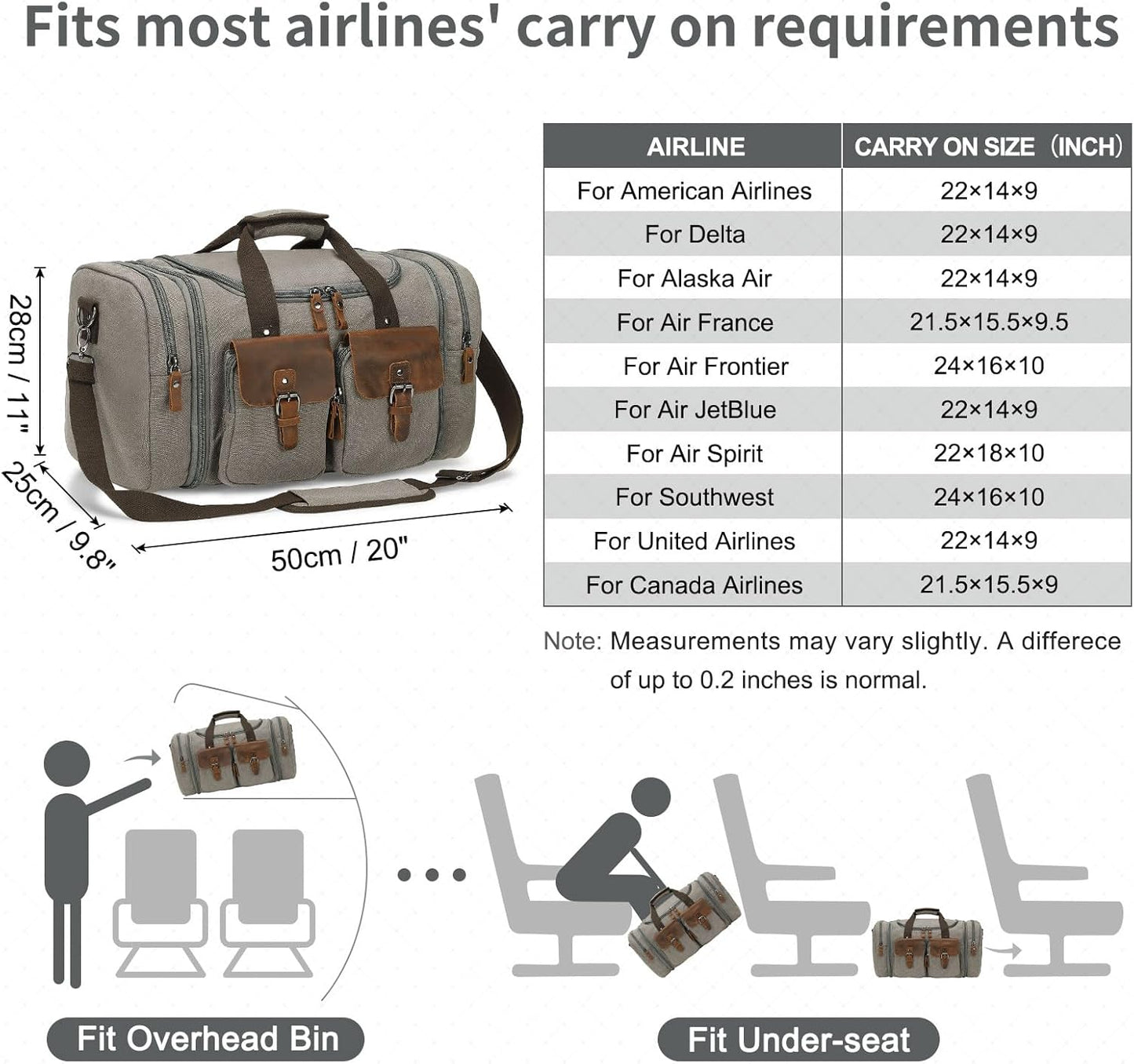 Canvas Duffle Bag with Genuine Leather Accents, Expandable 20-23 Inch Travel Weekender, Multiple Pockets, Gray