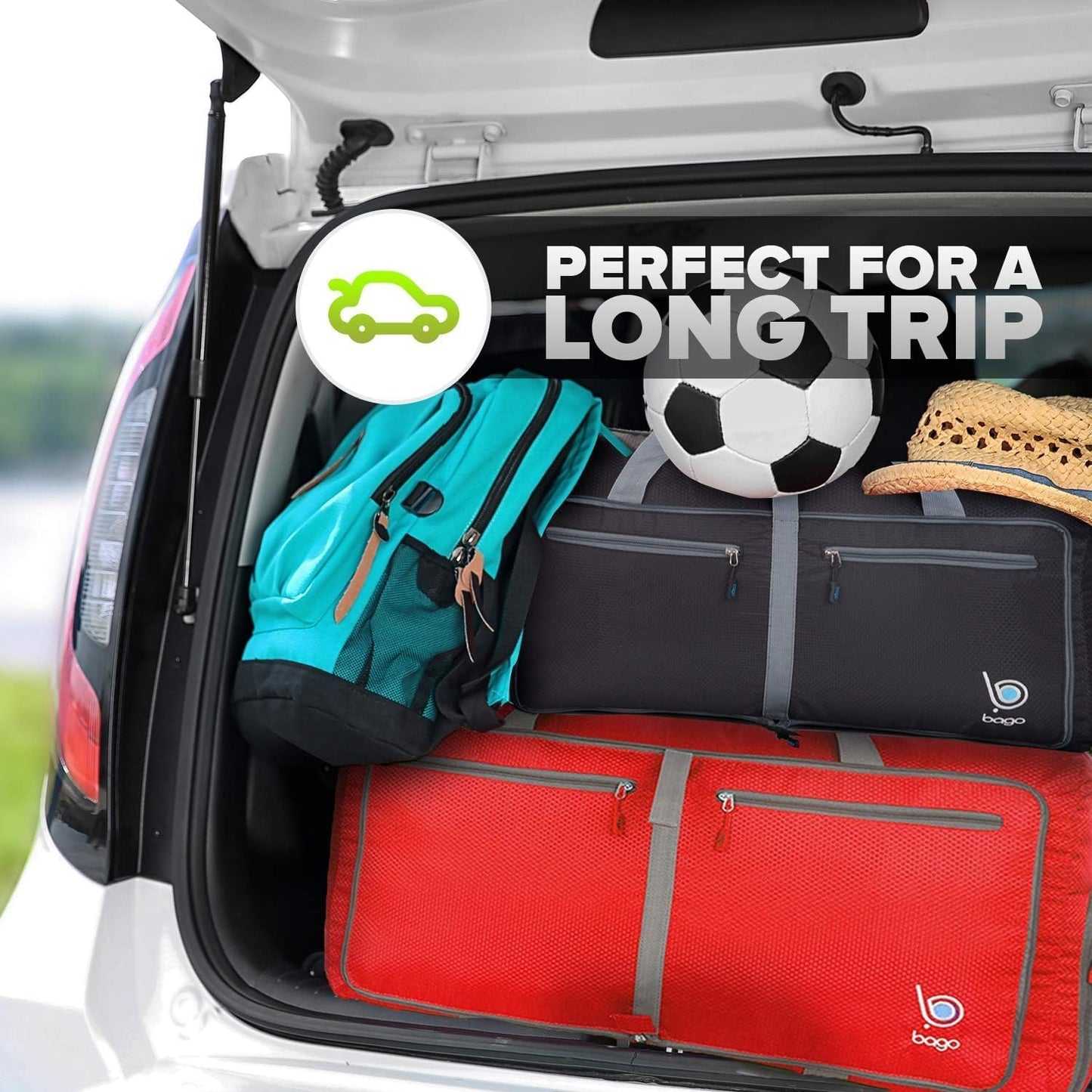 Bago Foldable Duffel Bags for Traveling Women & Men - 60L Medium Packable Duffle Bag for Travel with Shoe Compartment - Water Repellant, Heavy Duty, Lightweight Folding & Collapsible (Red)