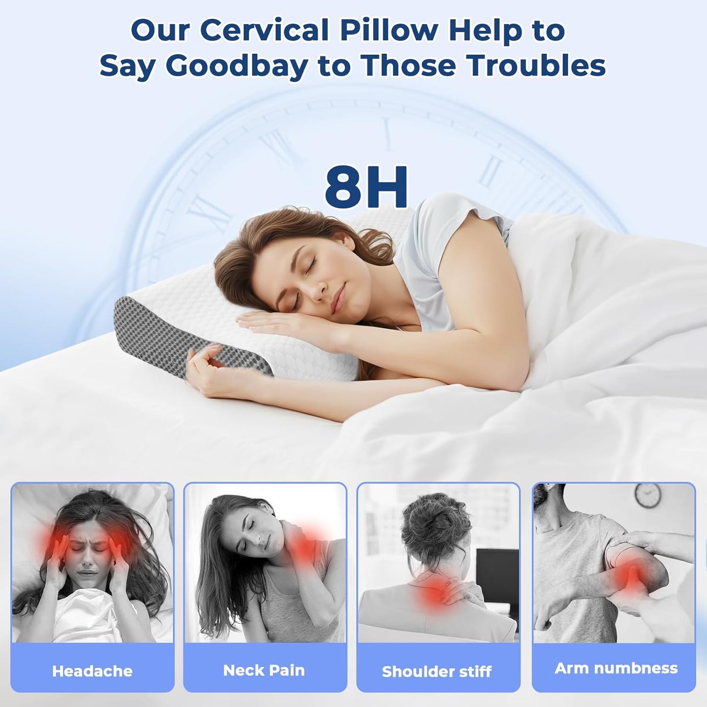 Memory Foam Pillows 2 Pack Neck Pillow - Neck Support Pillow for Pain Relief, Ergonomic Cervical Pillow for Sleeping, Orthopedic Contour Bed Pillow for Side, Back, Stomach Sleepers,Grey