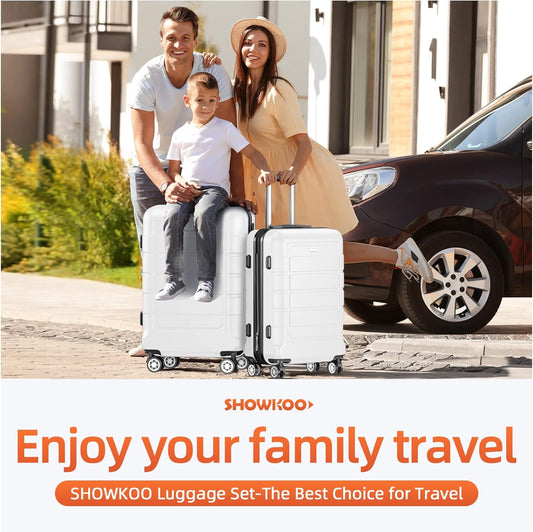 SHOWKOO Luggage Sets Expandable PC+ABS Durable Suitcase Sets Double Wheels TSA Lock White 3pcs