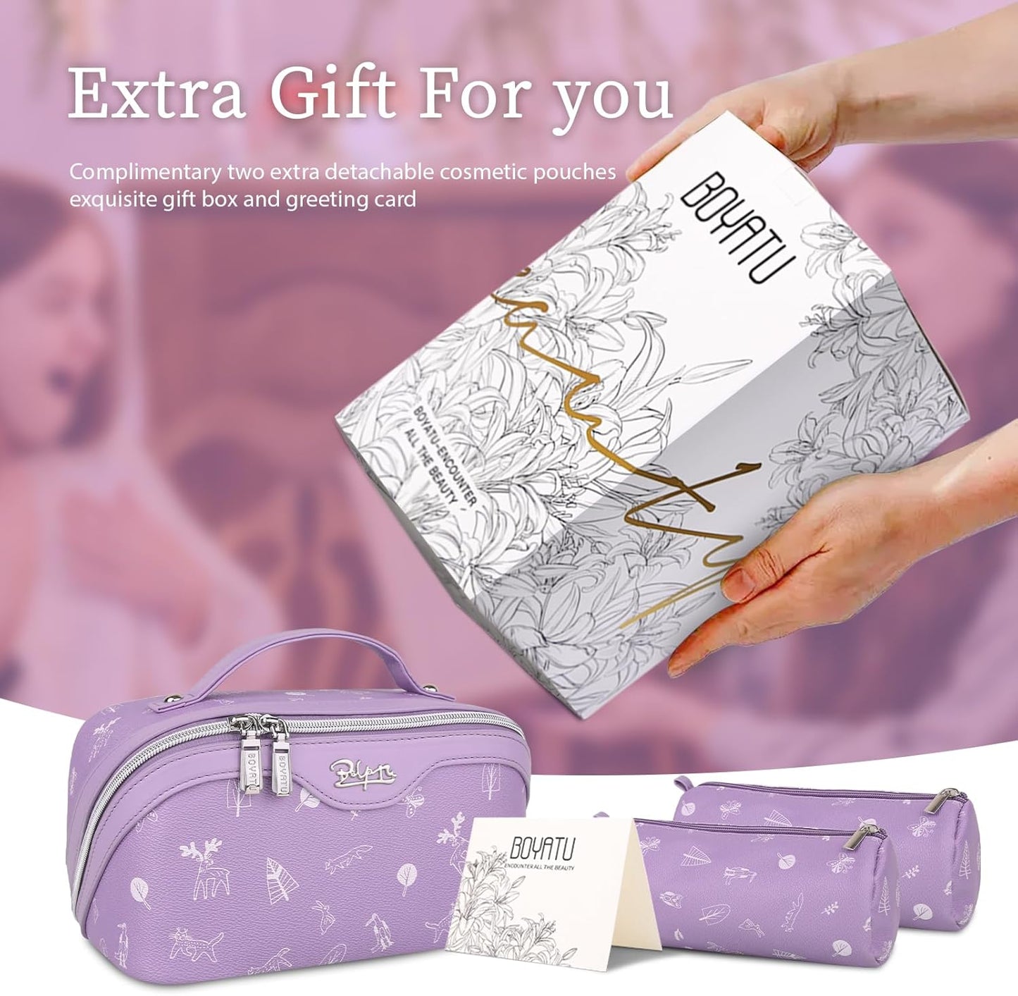 BOYATU Travel Makeup Bag Cosmetic Bags for Women: 3 Pcs Set Portable Make up Bag with Handle - Vegan Leather Toiletry Bags with Compartments - Makeup Organizer for Travel Essentials(04-Lilac)