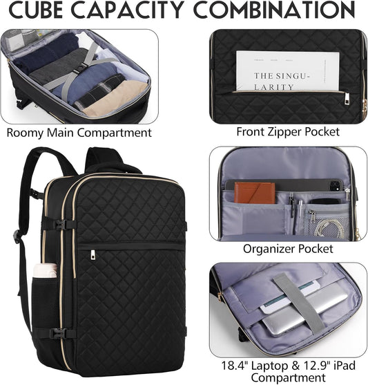 MOMUVO Large Travel Backpack Women, Flight Approved Carry On Backpack with 3 Packing Cubes, Water Resistant Anti-Theft Large School Bag Fit 18.4 Inch Laptop with USB Charging Port, Black