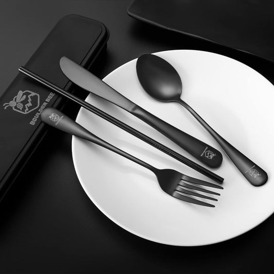 Boulder Bee | Travel Utensils Set | Reusable Camping Cutlery Set | Stainless Steel Flatware Set | Portable Silverware Set with Case | Includes Knife/Fork/Spoon/Straw/Cleaning Cloth/Case (Black)