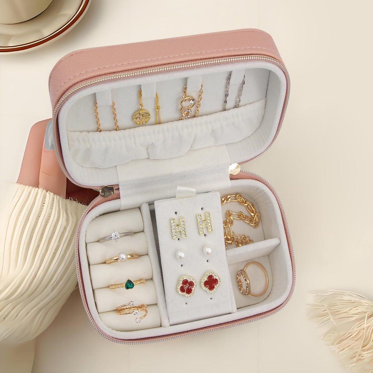 Travel Jewelry Case Bulk Of 2 For Women Weekend,Gold Zip, PU Leather Compact Jewelry Organizer For Earring Bracelets Pink Travel Jewelry Box Set Perfect For Small Bridesmaid Jewelry Box Gift