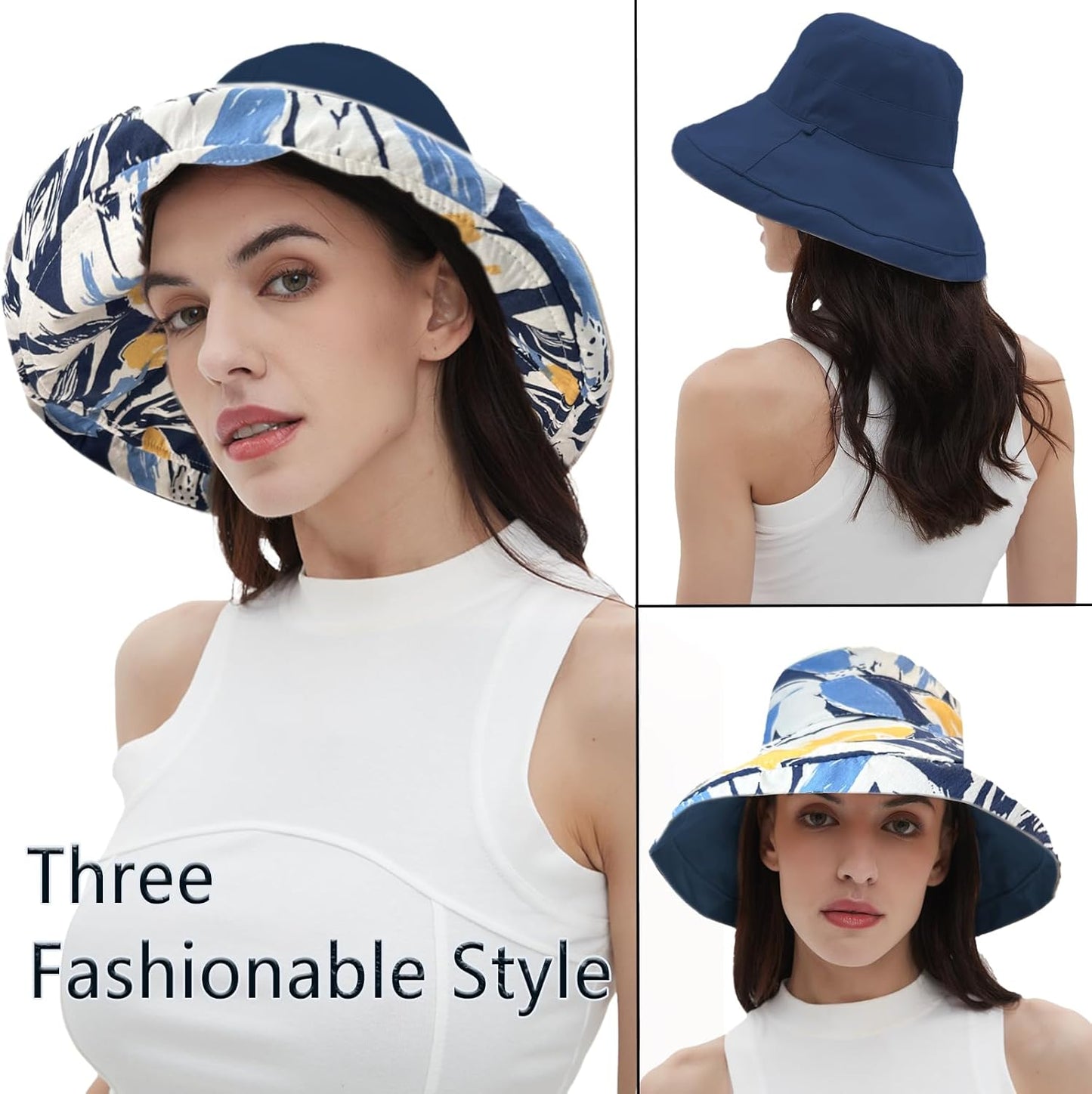 vidsel Womens Sun Hats Wide Brim Reversible Bucket Cotton Hat Packable Summer Travel Cap with Hat Clip,UV Protection