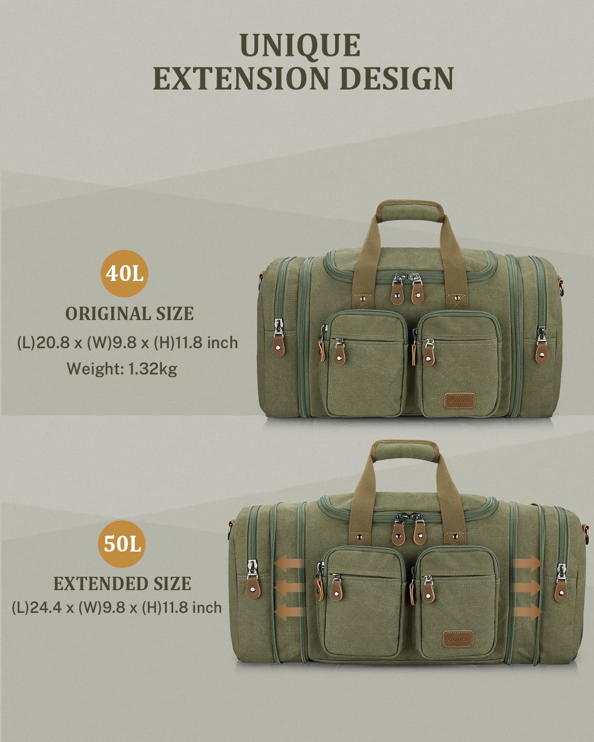 Gonex Canvas Duffle Bag for Travel, Expandable Water Resistant 50L Carry on Duffel Overnight Weekender Gym Bag with Wet Dry Separation Pocket & Suitcase Handle Sleeve, Army Green