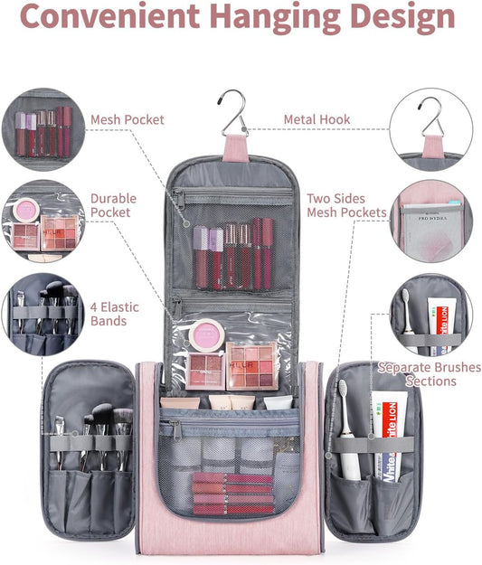 Narwey Hanging Toiletry Bag for Women Travel Makeup Bag Organizer Toiletries Bag for Cosmetics Essentials Accessories(Large, Pink)