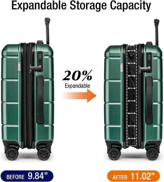 KYME Green Carry On Luggage 22x14x9 Airline Approved Expandable 20 Inch Hardshell Carry On Suitcase with Wheels TSA Lock Small Travel Rolling Luggage with Cup Holder for Men Women