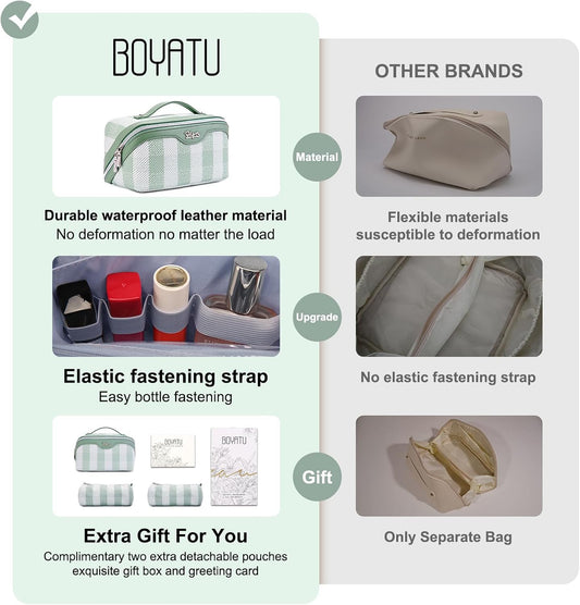 BOYATU Makeup Bag Travel Cosmetic Bag: 3 Pcs Set Portable Make up Bags for Women with Handle - Waterproof Vegan Leather Toiletry Organizer Bags with Comparments (F-02-Green)