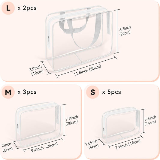TISRATOK 10 PCS Clear Travel Makeup Toiletry Bag, Plastic PVC Cosmetic TSA Approved Organizer Kit with Zipper Handbag(White)