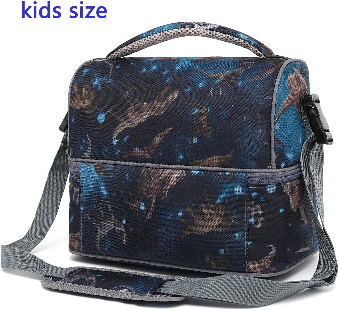 FlowFly Double Decker Cooler Insulated Lunch Bag Large Tote for Boys, Girls, Men, Women, With Adjustable Strap, MyDinosaur
