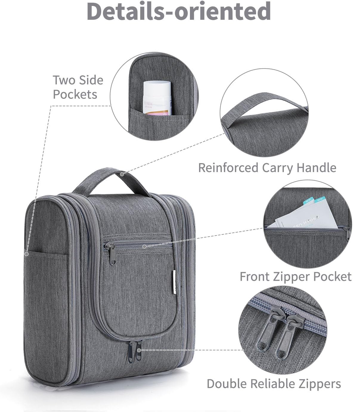 Narwey Small Hanging Toiletry Bag Women Travel Makeup Bag Organizer Toiletries Bag for Travel Size Essentials Accessories Cosmetics (Medium, Grey)