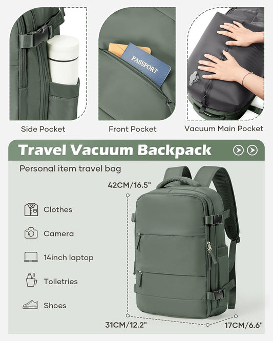 Vacuum Backpack Travel Laptop Backpacks For Women Men Carry On Backpack With Vacuum Compression Bags Seal Packing Personal Item Travel Bag Vacpack Backpacks Without Pump Olive Green