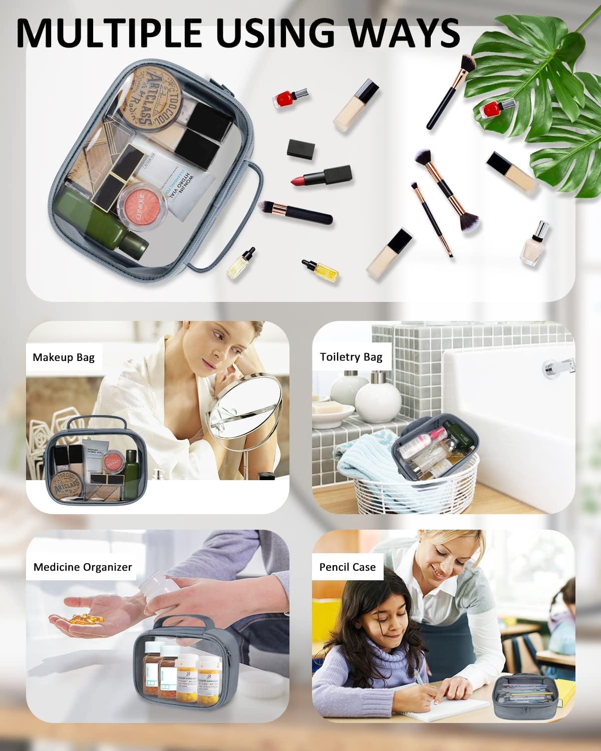 Moyad TSA Approved Clear Toiletry Bag with Handle, 1 Pack Quart Size 3-1-1 Liquids Pouch for Travel, Transparent Makeup & Cosmetic Organizer for Women Men, Grey