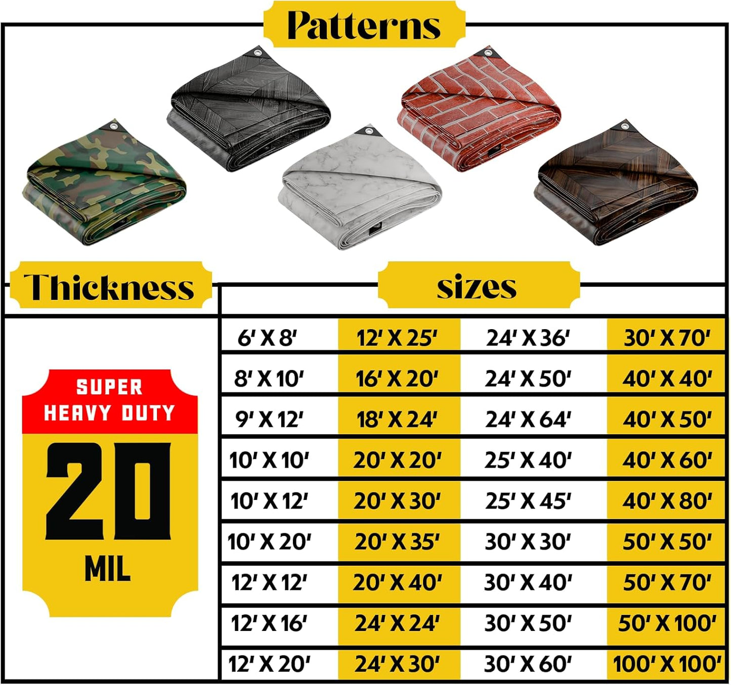 Core Tarps Extreme Heavy Duty 20 Mil Tarp Cover, Waterproof, UV Resistant, Rip and Tear Proof, Poly Tarpaulin with Reinforced Edges for Roof, Camping, Patio, Pool, Boat (Brown Wood/Black 24′ X 64′)