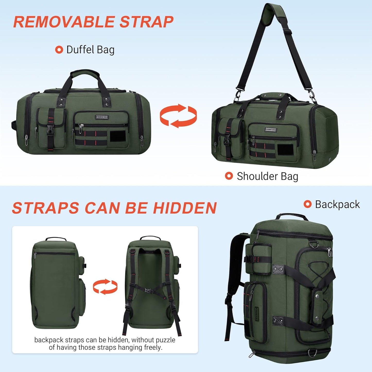 WITZMAN Travel Duffel Bags for Men Large Carry On Weekender Overnight Bag 3 in 1 Backpack with Shoe Compartment (B693 Army Green)
