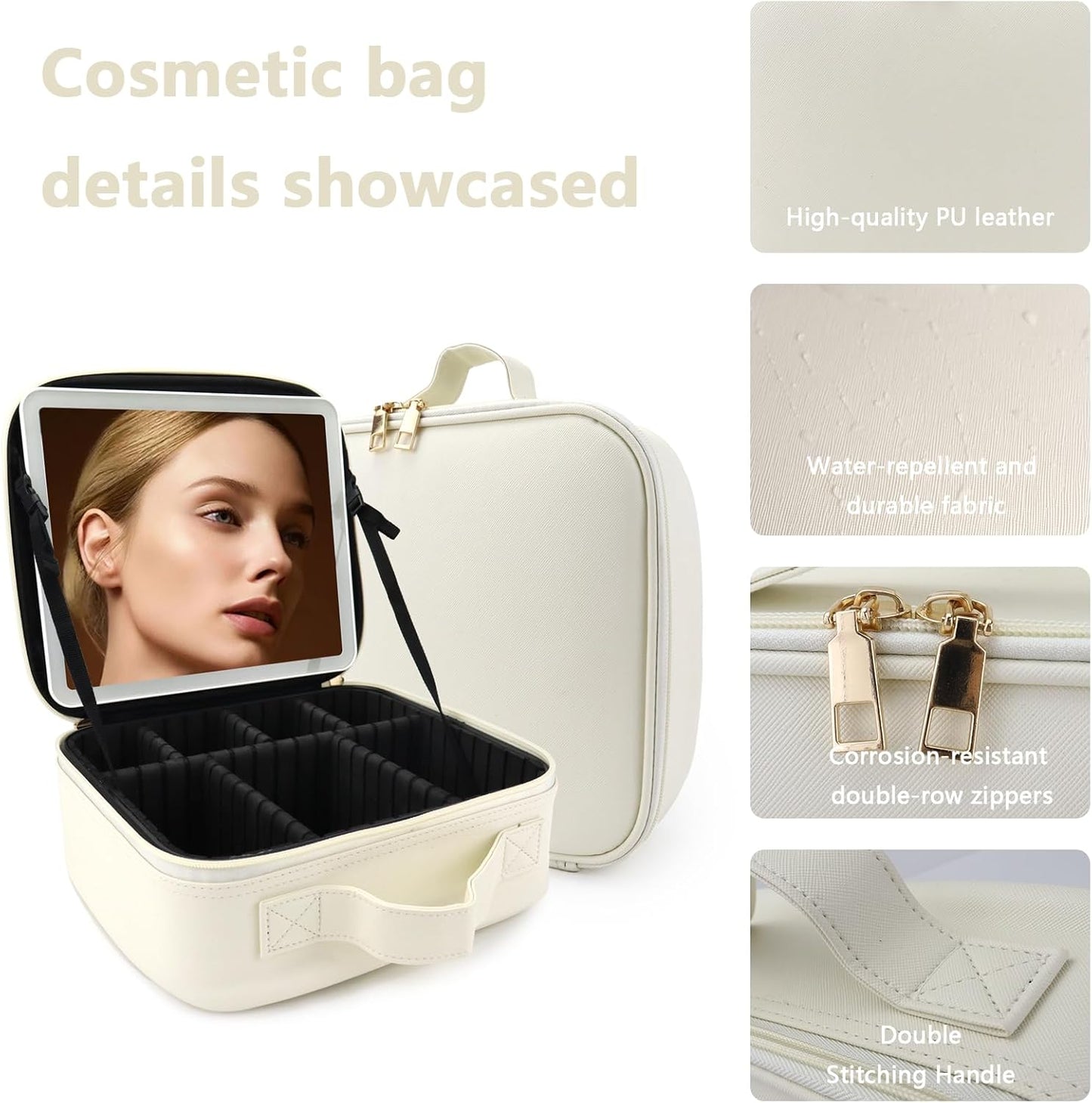 Travel Makeup Bag with LED Lighted Mirror, Travel Makeup Organizer,3 Color Setting Cosmetic Makeup Box, Adjustable Dividers and Brush Holder(white)
