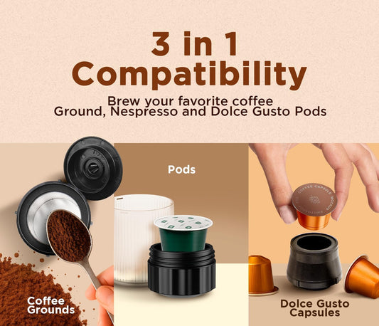 3-in-1 Portable Coffee Maker – Electric Espresso Machine for Travel – Compatible with Ground Coffee, NS & DG Capsules – USB-C Rechargeable Portable Espresso Maker (White)