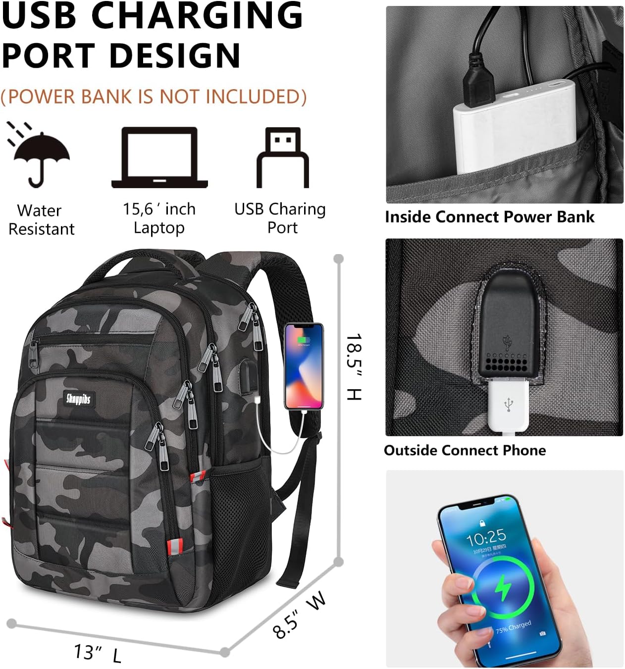 Backpack for Men Women, School Backpack with USB Charging Port, Anti Theft Carry On Flight Approved Business Work Travel 15.6 Inch Computer Laptop Backpack, BookBag for teen, Camo