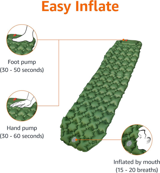 Amazon Basics Camping Sleeping Pad with Quick-Inflate Foot Pump, Water Resistant, Ultralight, Olive Green
