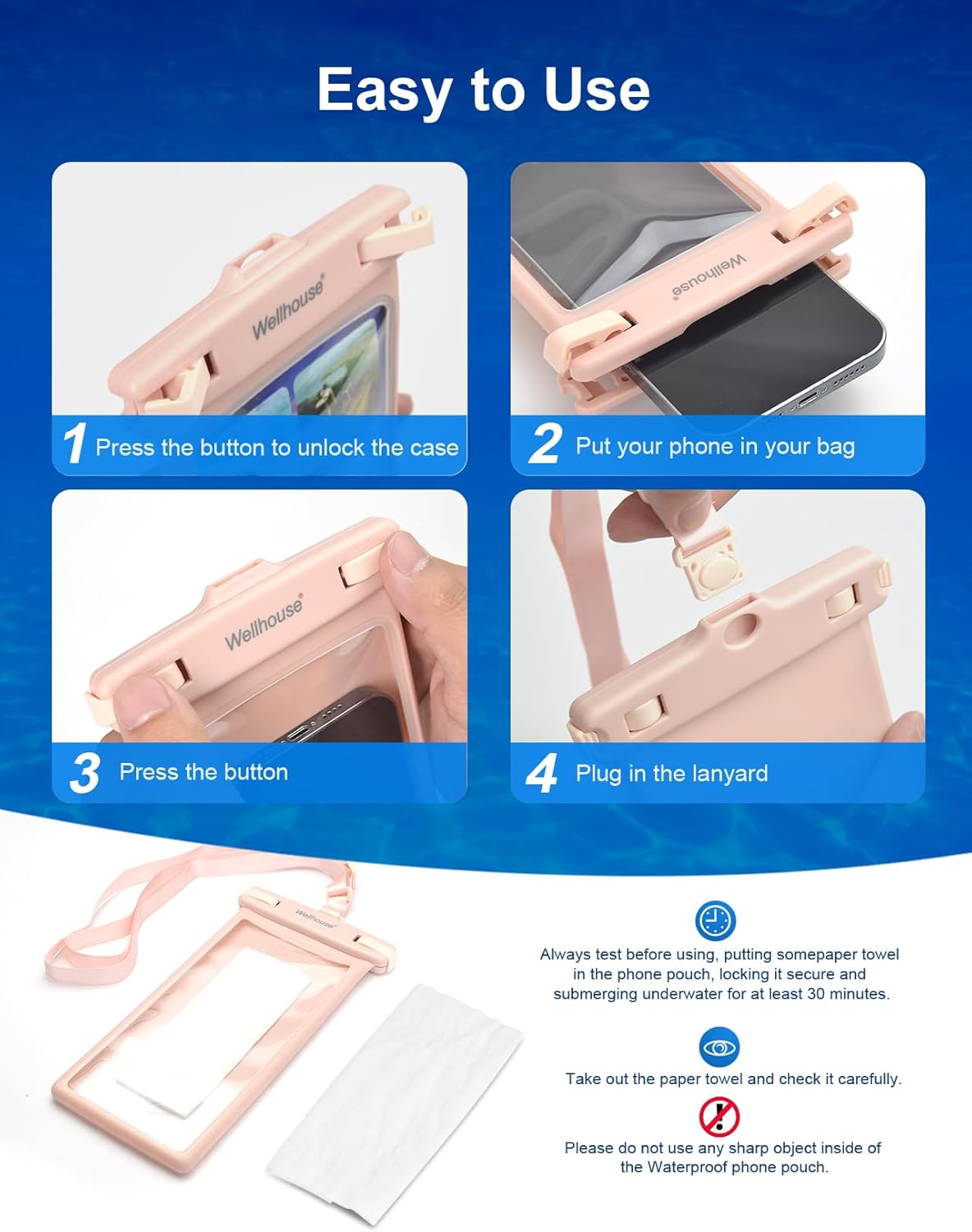 wellhouse Waterproof Phone Pouch, Waterproof Phone Case for iPhone 16 15 14 13 12 Pro Max XS Samsung, IPX8 3D Cellphone Dry Bag Beach Essentials (2 Pack - Blue & Pink8.0, 8 inch)
