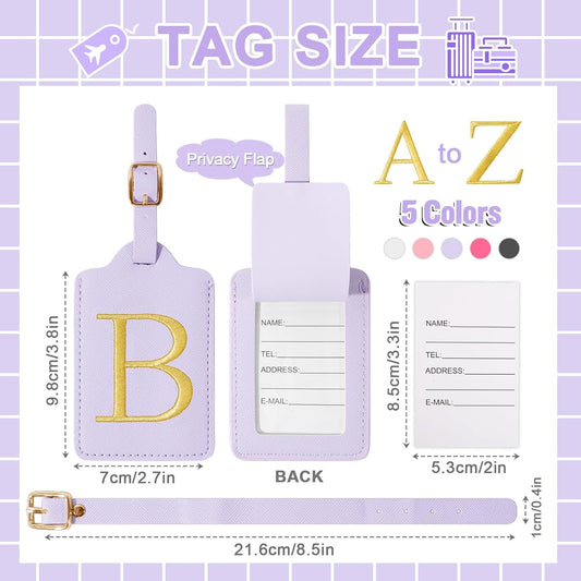 Personalized Initial Luggage Tags for Suitcase, Purple Leather Cute Luggage Tags with Privacy Cover Name Card, Embroidered Custom Monogrammed Luggage Tag Travel Backpack Tags Gifts for Women Kids(B)