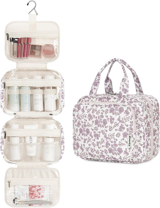 Narwey Hanging Floral Toiletry Bag for Women Travel Makeup Bag Organizer Toiletries Bag for Travel Size Essentials Accessories Cosmetics (Little Dusty Pink Flower (Medium))