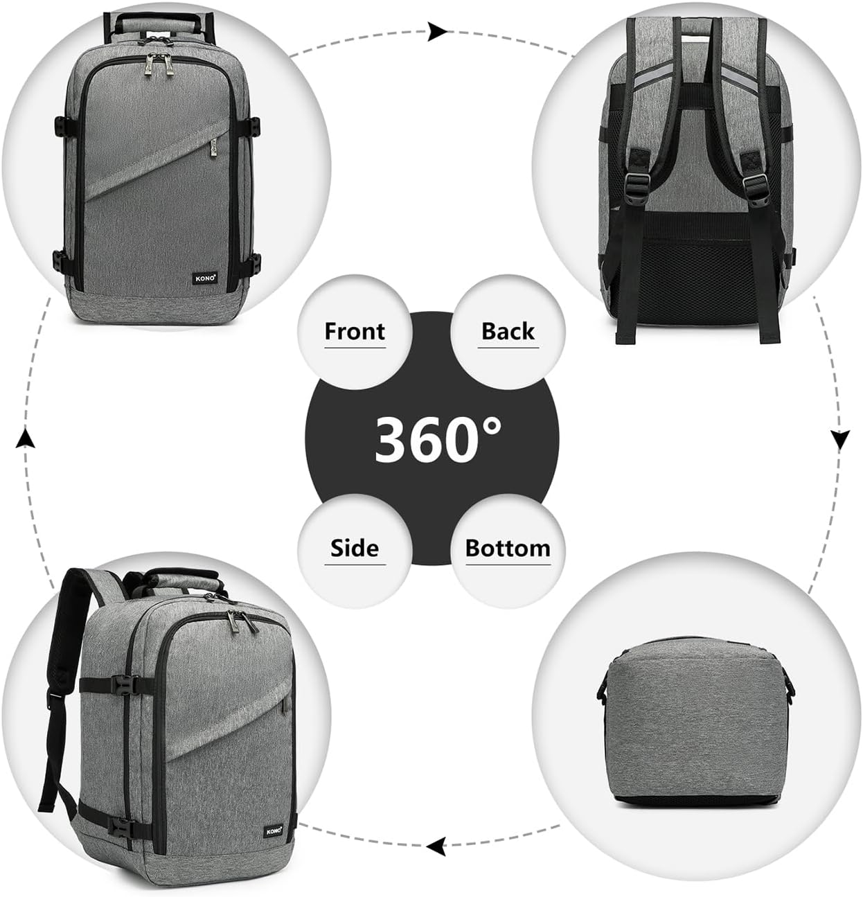 Kono Carry on Backpack, 16" Airplane Approved Under Seat Travel Backpack for Men and Women, Waterproof Lightweight Daypack for Flight 20L (Grey, Small)