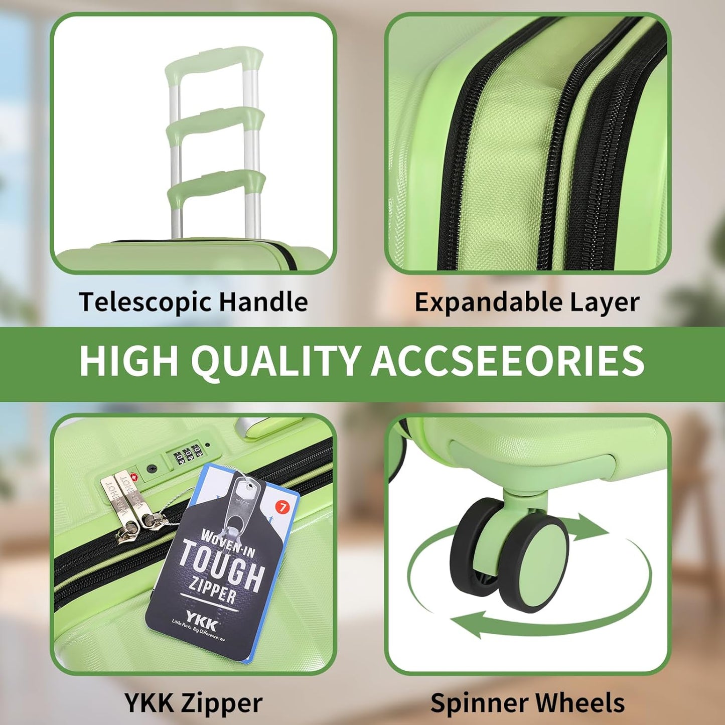 5-Piece Luggage Set, Lightweight ABS+PC Hard Shell Suitcase with YKK Zipper & TSA Lock for Family, Avocado Green, 14in/18in/20in/24in/28in