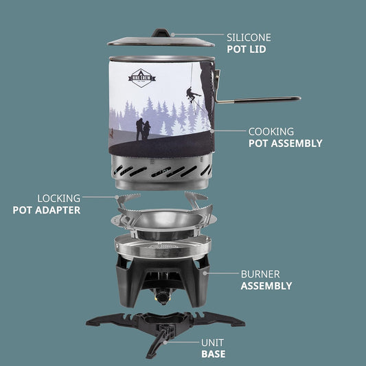 HikeCrew Portable Gas Powered Stove top & Cooking System, Compact Camping Cooktop with 1L Pot, Silicone Lid, Folding Handle & Carry Bag, Perfect for Camping, Hiking, Backpacking, Survival & Emergenc