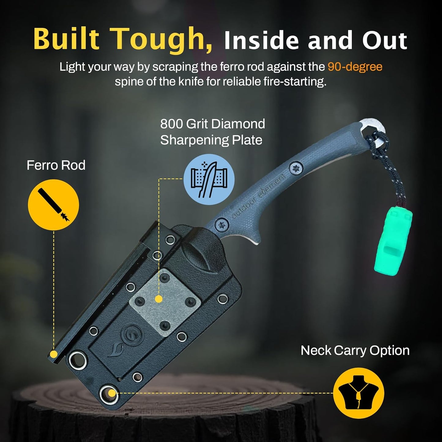 OUTDOOR ELEMENT Flicker Feather Knife Wise Owl GLOW - Right-Handed Survival Chisel Blade for Camping, Hunting, Culinary Knives & Bushcraft - Fixed Blade with Sheath, Firestarter and Emergency Whistle