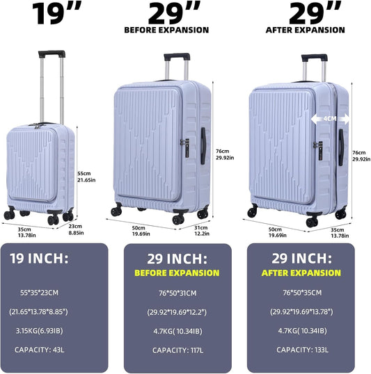 2 Pieces 19/29 Luggage Sets, 19 Inch Carry On Luggage with Front Pocket & 29 Inch Side Opening Suitcase, Ligthweight ABS+PC Hardshell, Lilac Purple