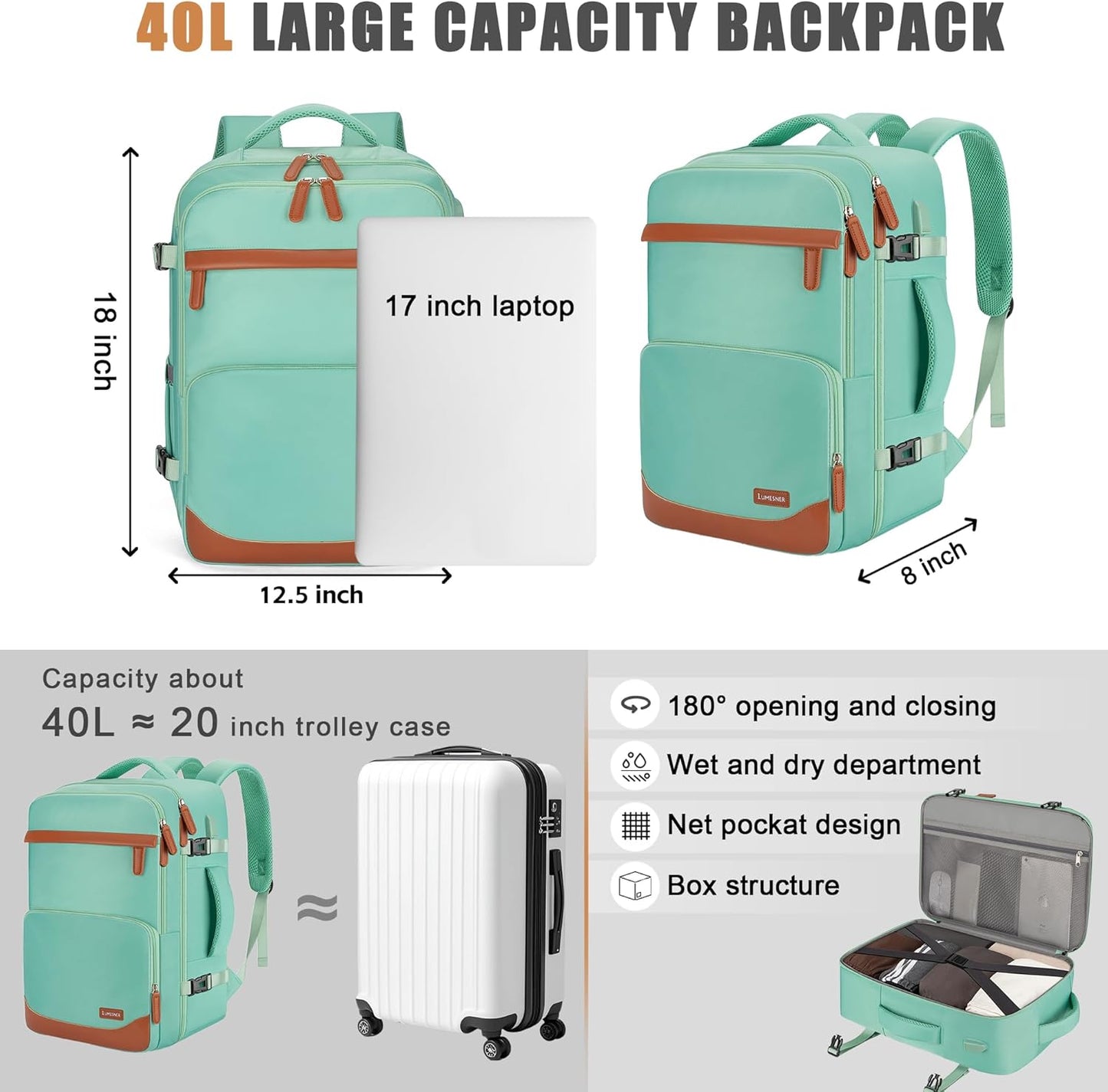 40L Travel Backpack with USB Charging Port, Water-Resistant Carry On Backpack for Men Women, Business Laptop Backpack for Trips & Commutes, Fits 15.6/17.3 Inch Laptop