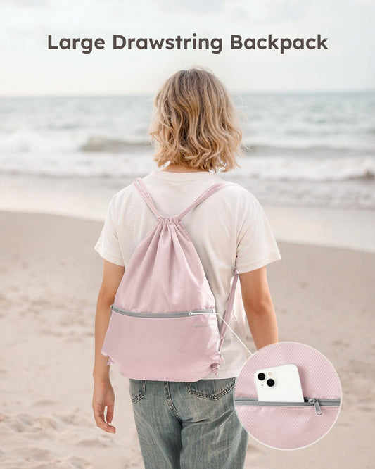 4 Set Compression Packing Cubes for Travel, Bonus Versatile Drawstring Backpack, Lightweight Luggage Organizer Bags, Sturdy Travel Accessories for Suitcase, Pink