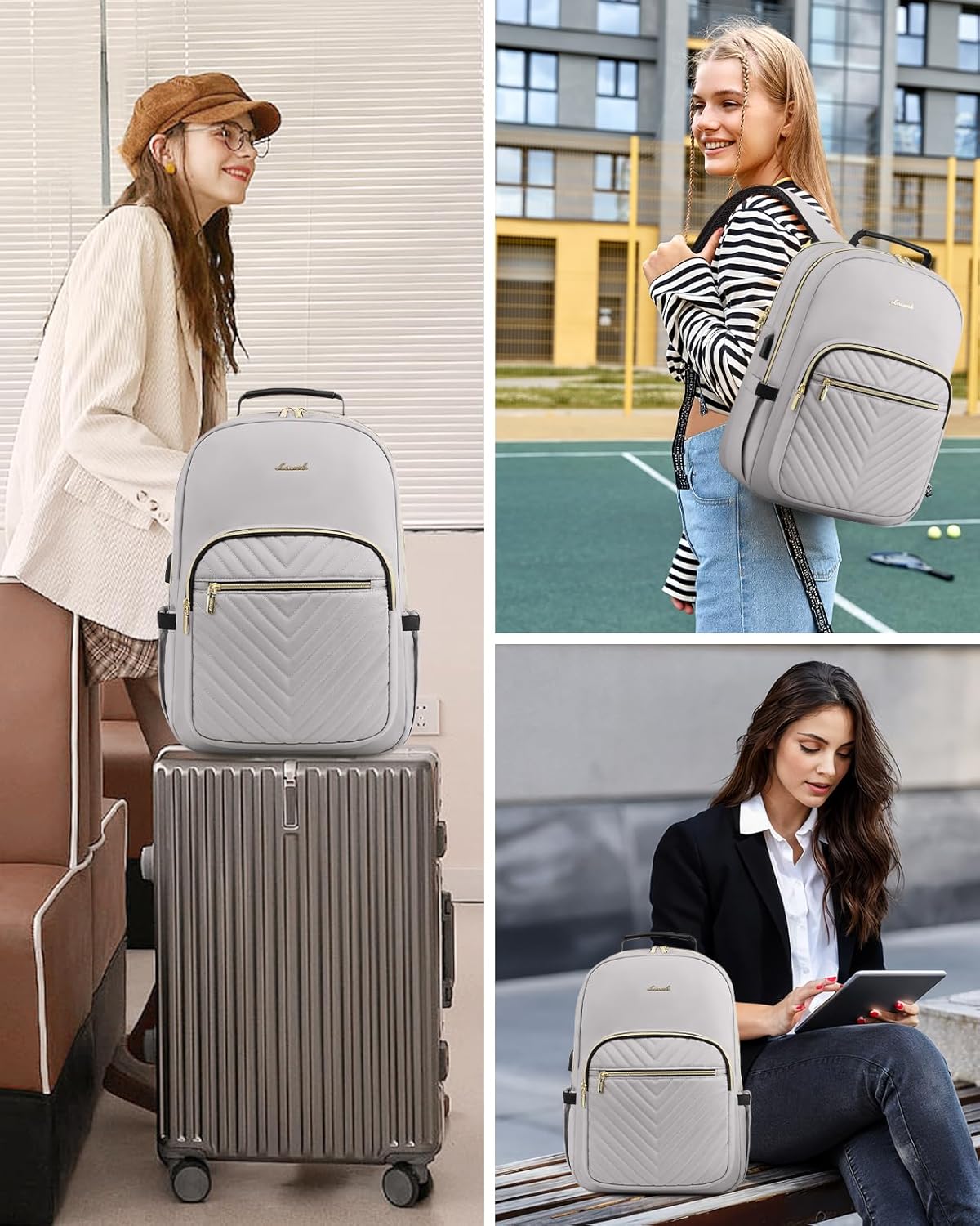 LOVEVOOK Laptop Backpack Purse for Women, Work Travel Computer Bags, College School Backpack for Student Girl, Quilted Casual Daypack with USB Port, Fit 15.6 Inch Laptop, Grey