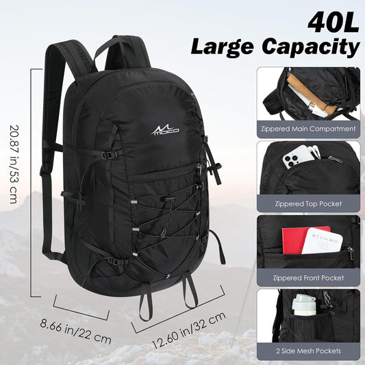 MoKo Hiking Backpack, 40L Large Capacity Camping Backpack with Multiple Pockets, Tear-Resistant Travel Daypack for Men Women, Packable and Lightweight Hiking Daypack for Travel Camping Outdoor, Black