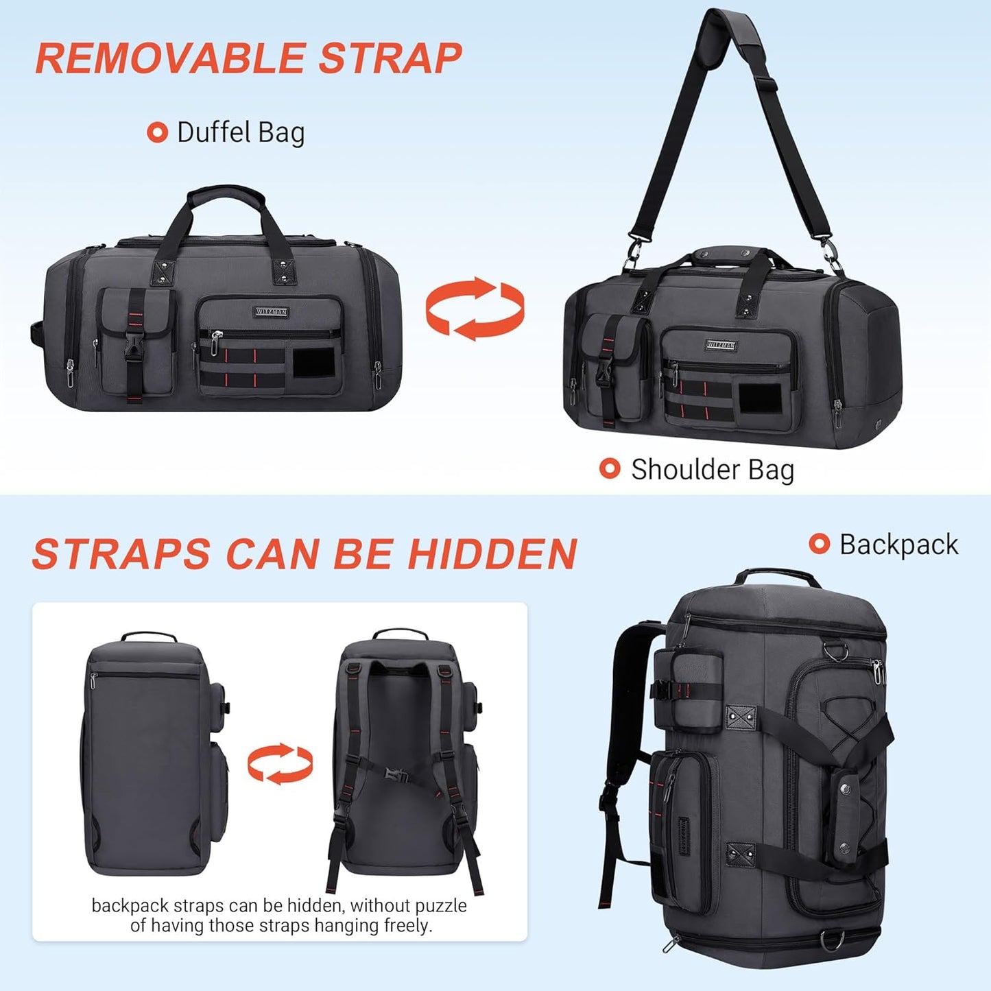 WITZMAN Travel Duffel Bags for Men Large Carry On Weekender Overnight Bag 3 in 1 Backpack with Shoe Compartment (B693 Silvery Grey)