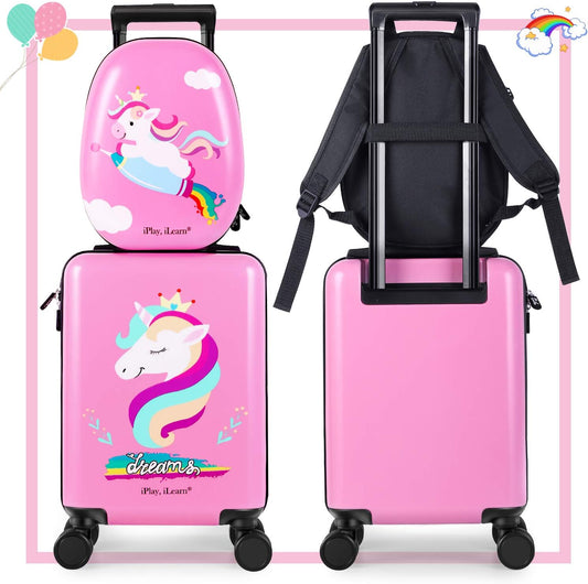 iPlay, iLearn Unicorn Kids Luggage, Girls Carry on Suitcase, 18" Hardside Travel Luggage Set W/Backpack, Toddler Rolling Luggage W/ 4 Spinner Wheels, Children Holiday Birthday Gift