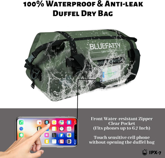 Waterproof Motorcycle Duffel Bag Roll Top Dry Duffel Bag with Quick-fixed Straps for Rafting, Boating, Kayaking, Travel, 50L(Army Green)