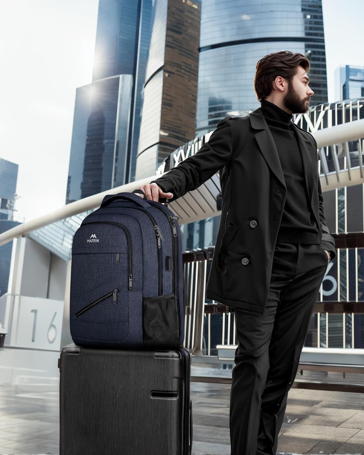 MATEIN 17 Inch Laptop Backpack, Large College Backpack Carry On TSA Approved with Trolley Sleeve, Computer Work Bag with USB Charging Port, Water Resistant Travel Daypack for Men, Dark Blue