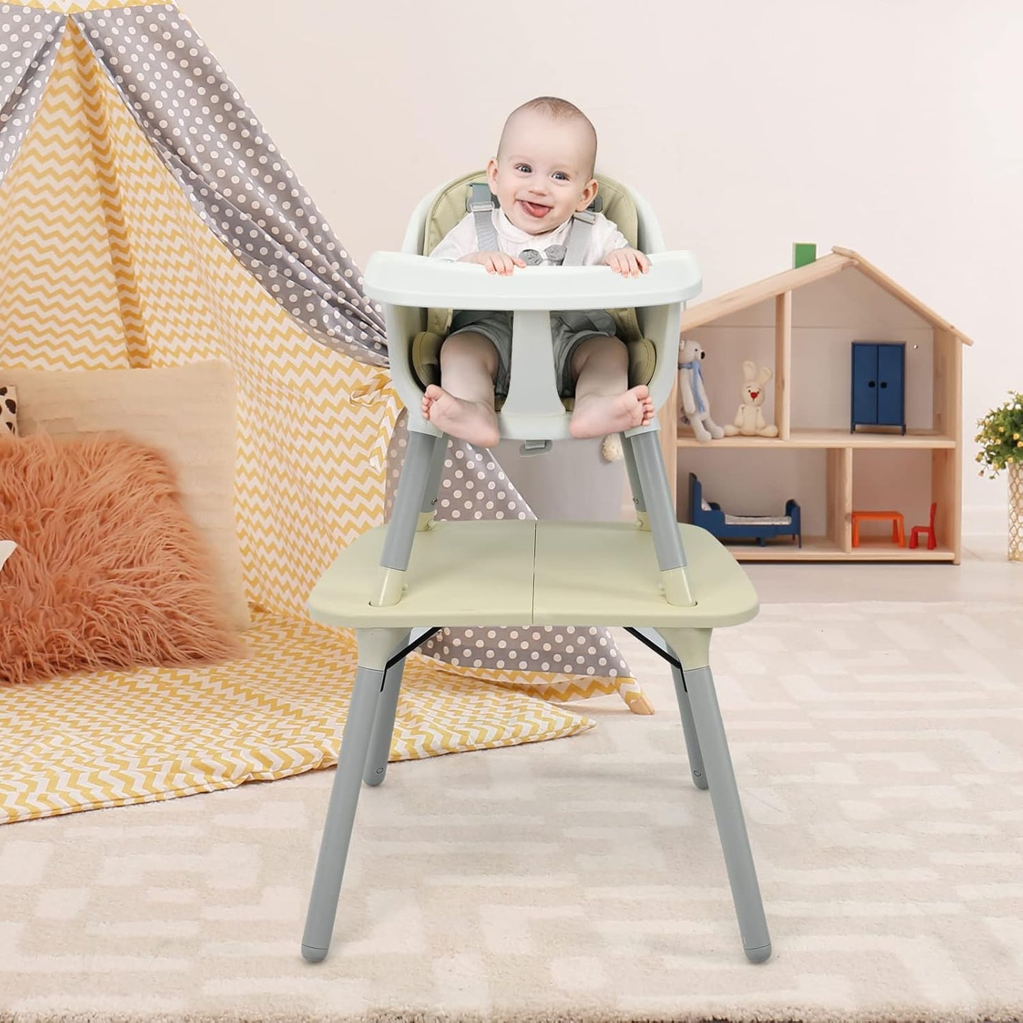 HONEY JOY 5-in-1 High Chair, Convertible Highchair for Babies and Toddlers/Kids Chair Table Set/Infant Feeding Chair w/Safety Harness, PU Leather Cushion & Removable Food Tray (Beige)